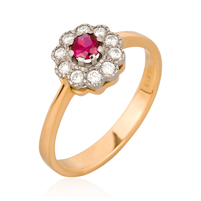 Кольцо с рубином, бриллиантами из желтого золота 750 пробы, фото № 1