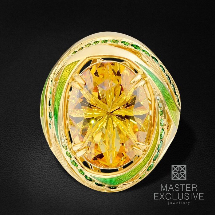 Кольцо с цитрином, эмалью, бриллиантами, демантоидом, тсаворитом из желтого золота 750 пробы, фото № 2
