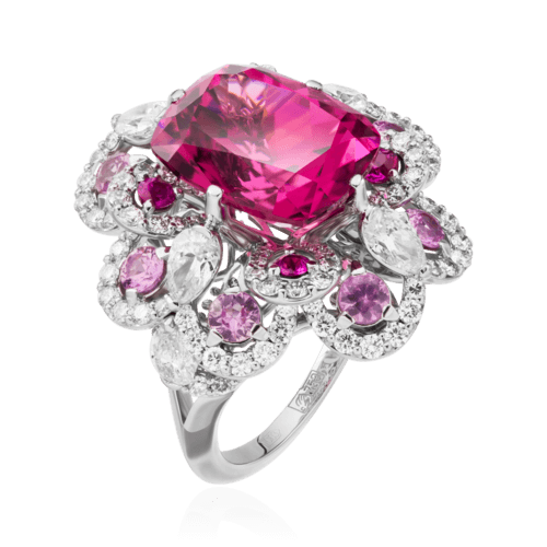 Кольцо с турмалином, розовыми сапфирами, бриллиантами из белого золота 750 пробы, фото № 1