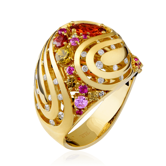 Кольцо с цветными сапфирами, рубинами и бриллиантами в желтом золоте 750 пробы, фото № 1