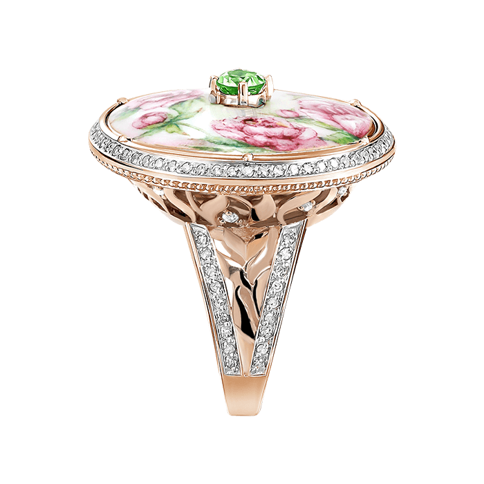 Кольцо с бриллиантами, тсаворитом, финифтью из красного золота 585 пробы, фото № 3
