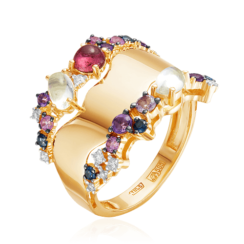 Кольцо с рубином, сапфиром, бриллиантами, аметистом, турмалином, лунным камнем из красного золота 585 пробы, фото № 1
