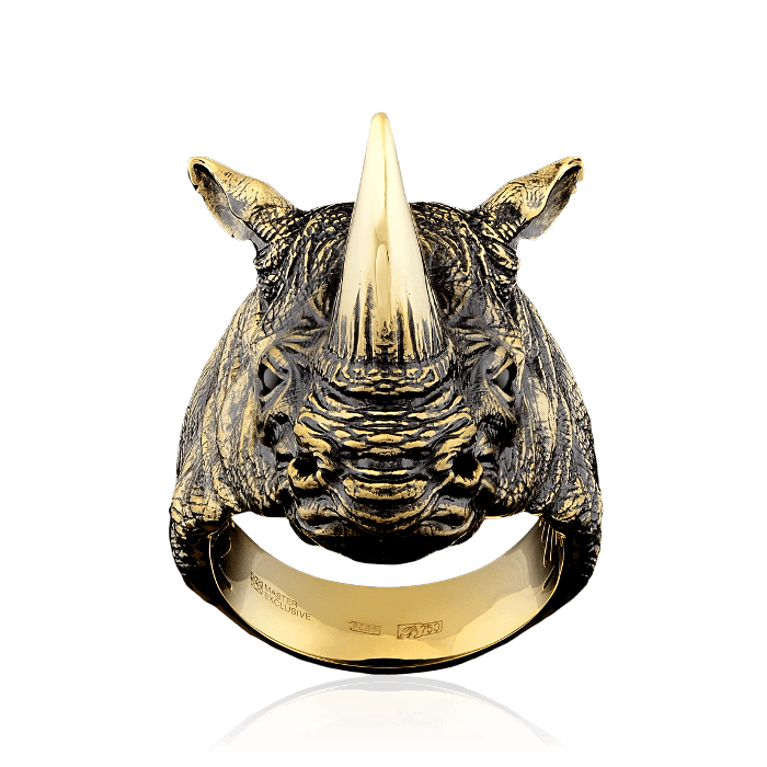 Мужское кольцо Носорог с ониксом в желтом золоте 750 пробы, фото № 4