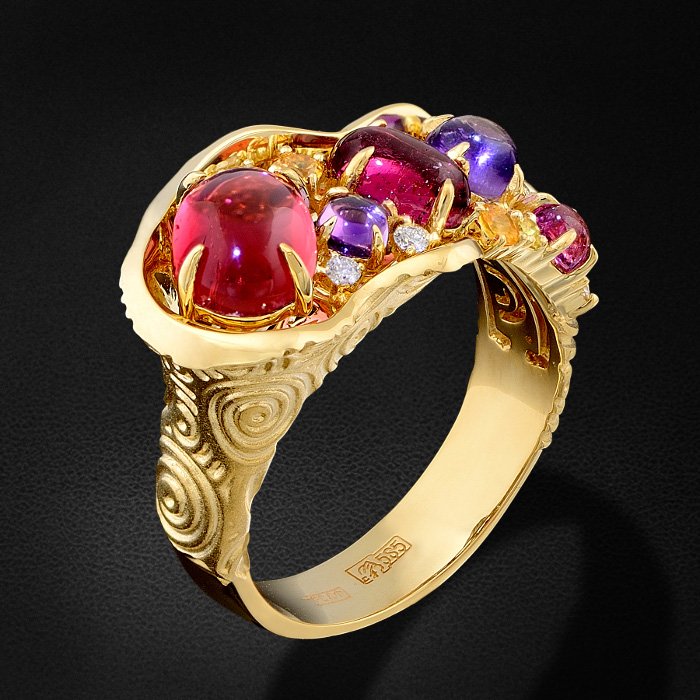 Кольцо с аметистами, цветными сапфирами, турмалинами и бриллиантами в желтом золоте 585 пробы, фото № 2
