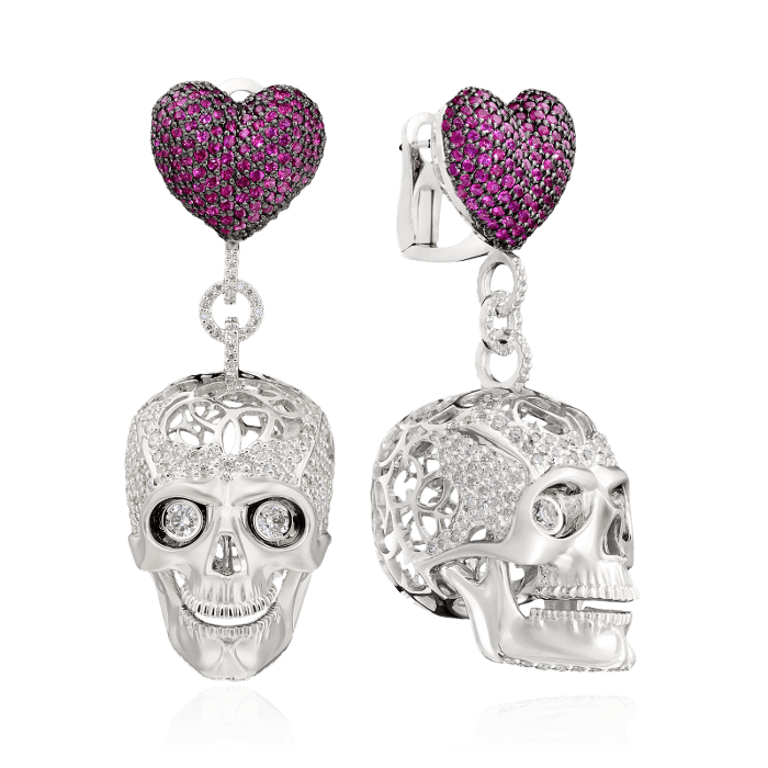 Серьги черепа с сердцами с рубином, бриллиантами из белого золота 750 пробы, фото № 1
