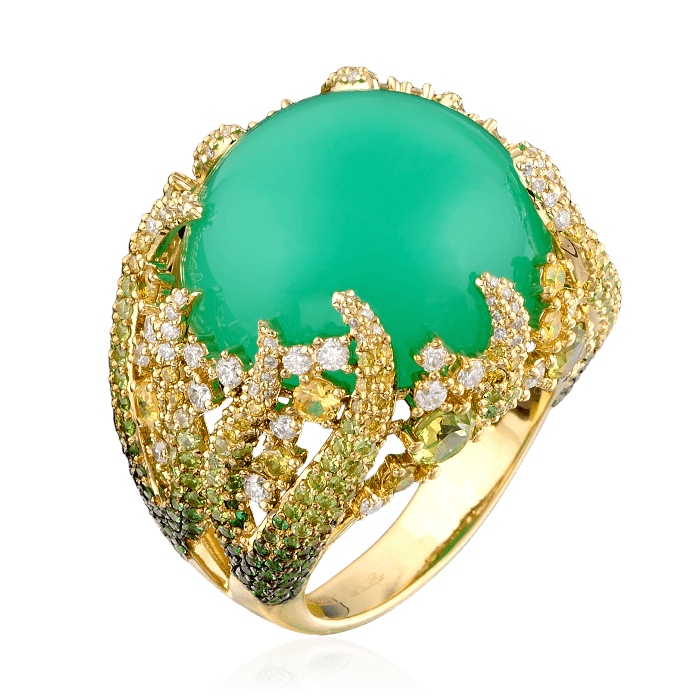 Кольцо с хризопразом, цветными камнями и бриллиантами в желтом золоте 750 пробы, фото № 1
