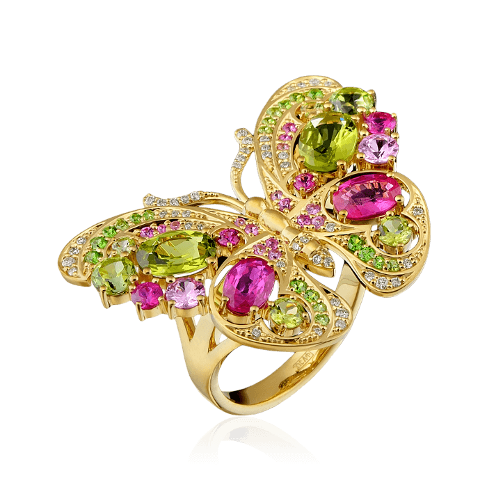 Кольцо Бабочка с цветными камнями и бриллиантами в желтом золоте 750 пробы, фото № 1