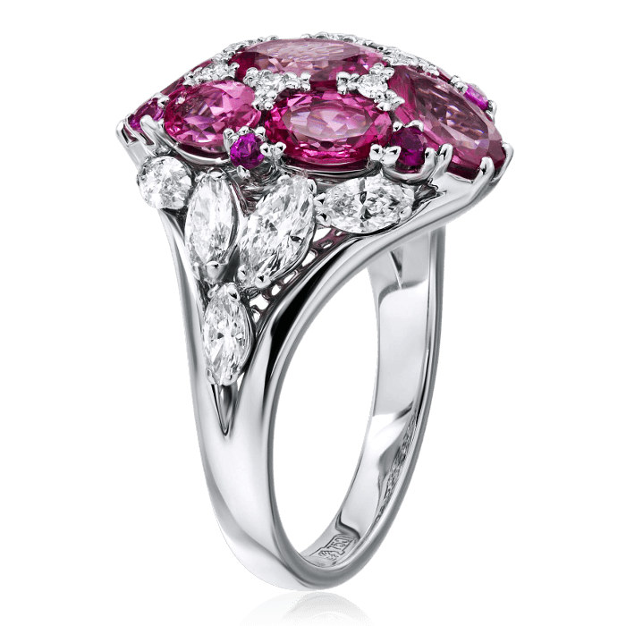 Кольцо с шпинелью, бриллиантами, розовыми сапфирами из белого золота 750 пробы, фото № 3