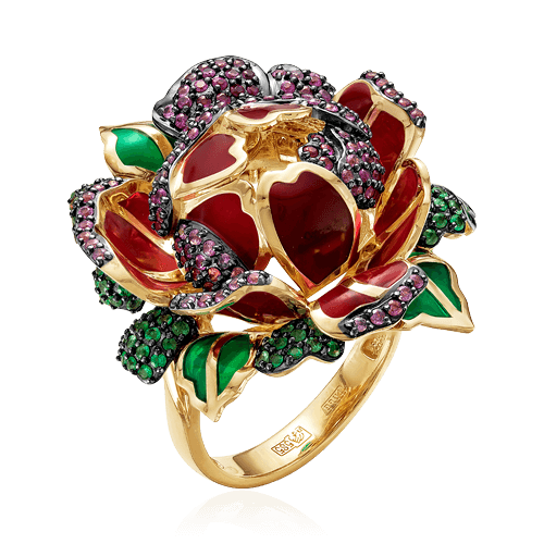 Кольцо с рубином, сапфиром, изумрудом, эмалью из желтого золота 585 пробы, фото № 1