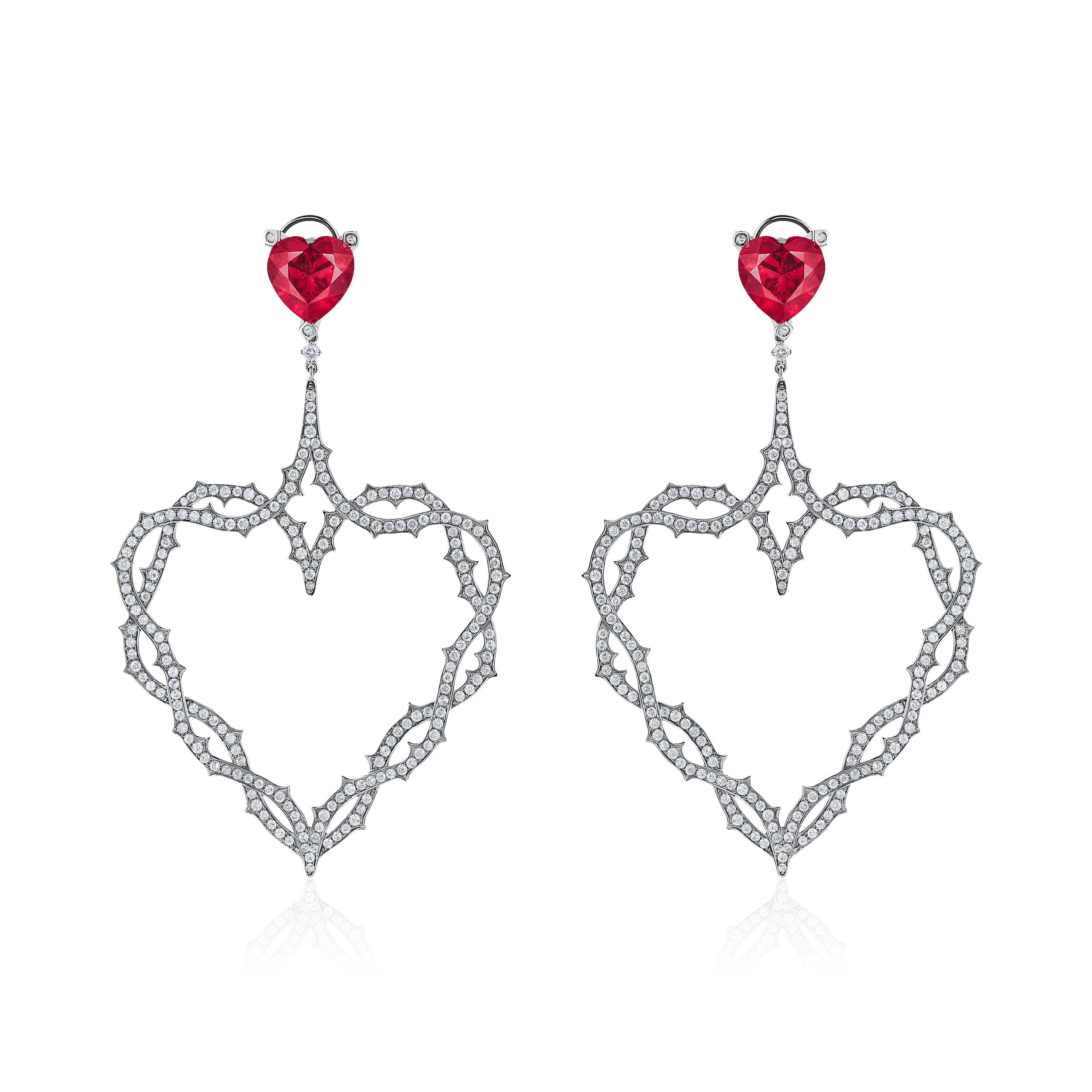 Серьги в форме сердец с рубином, бриллиантами из черного золота 750 пробы, фото № 1