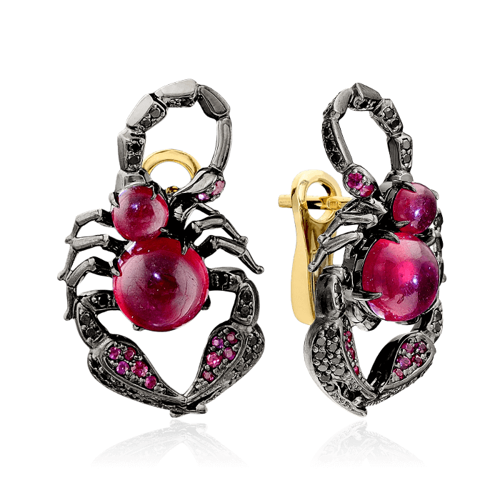 Серьги Скорпионы с рубином, бриллиантами из желтого золота 750 пробы, фото № 1