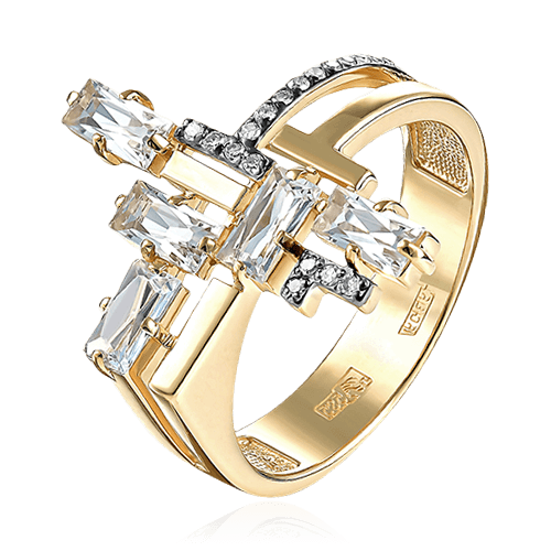 Кольцо с горным хрусталем, бриллиантами из желтого золота 585 пробы (арт. 79774)