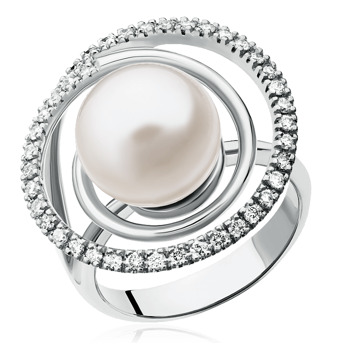 Кольцо с жемчугом и бриллиантами из белого золота 585 пробы, фото № 1