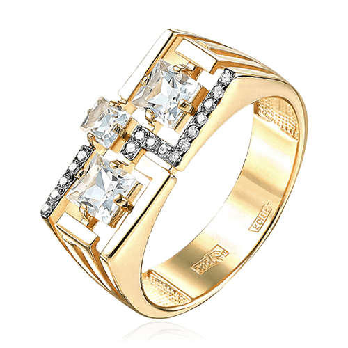Кольцо с горным хрусталем, бриллиантами из желтого золота 585 пробы (арт. 79773)