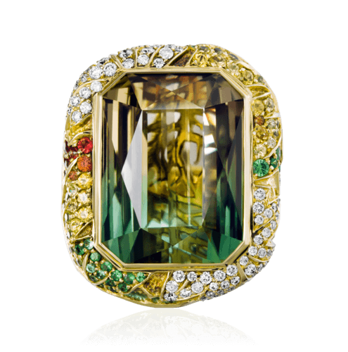 Кольцо с турмалином, рубином, сапфиром, бриллиантами, тсаворитом из желтого золота 750 пробы, фото № 2
