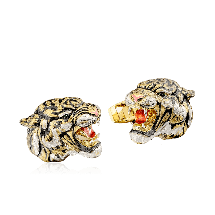 Запонки тигры с эмалью, бриллиантами, турмалином, сапфиром фантазийным из желтого золота 750 пробы, фото № 1