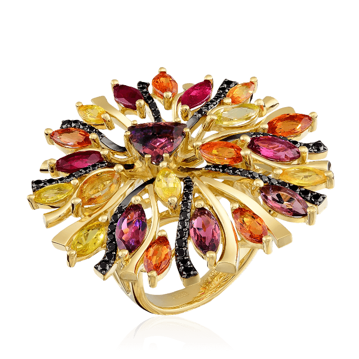 Кольцо с рубином, бриллиантами, турмалином, сапфиром фантазийным из комбинированного золота 750 пробы (арт. 37043)