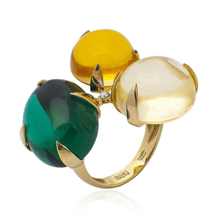 Кольцо с бриллиантами, кварцем, цитрином из желтого золота 585 пробы, фото № 1