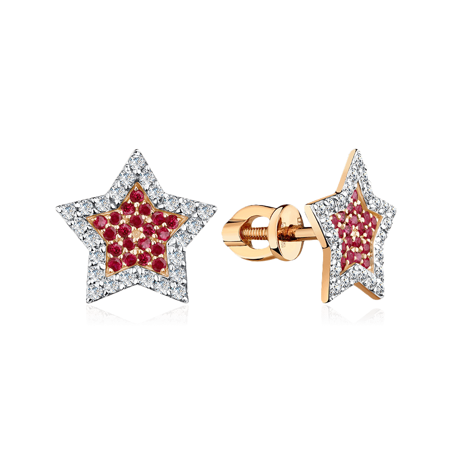 Серьги Звезды с рубином, бриллиантами из красного золота 585 пробы, фото № 1