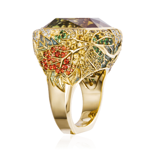 Кольцо с турмалином, рубином, сапфиром, бриллиантами, тсаворитом из желтого золота 750 пробы, фото № 3
