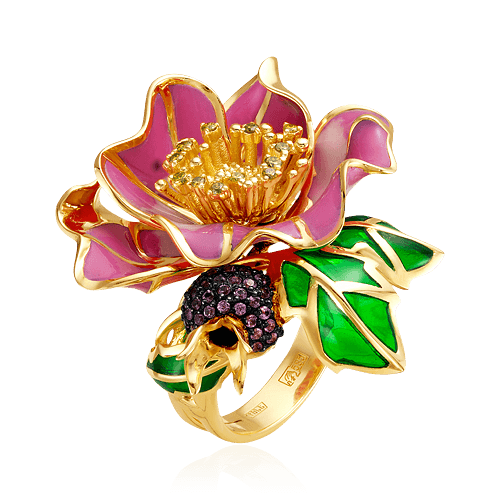 Кольцо Цветок с цветными сапфиром, эмалью, бриллиантами из желтого золота 585 (арт. 58214)