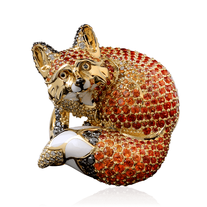 Кольцо Лиса с цветными сапфирами, бриллиантами, эмалью в желтом золоте 750 пробы, фото № 1