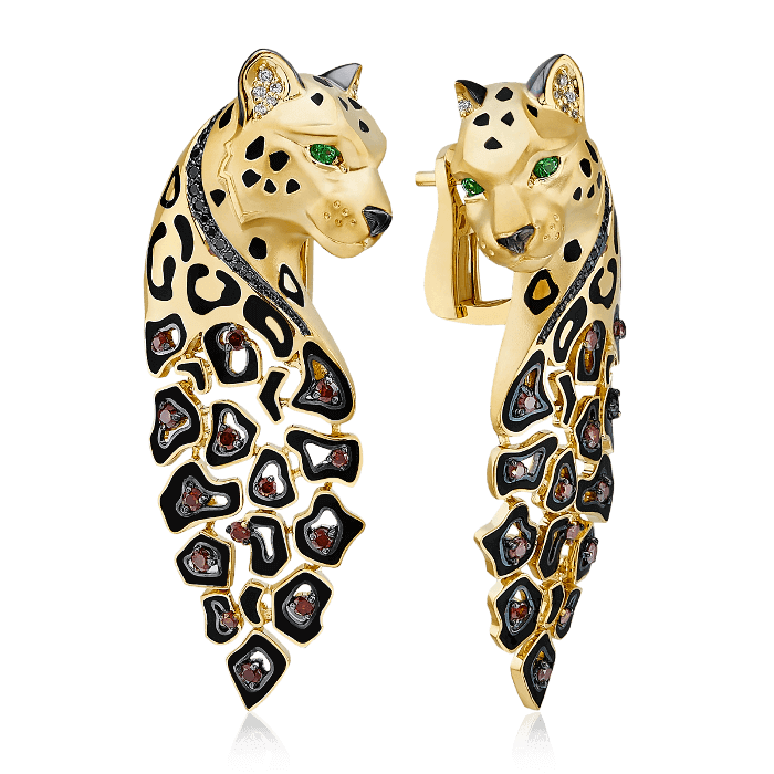 Серьги Леопарды с бриллиантами, эмалью, тсаворитом из желтого золота 750 пробы, фото № 1