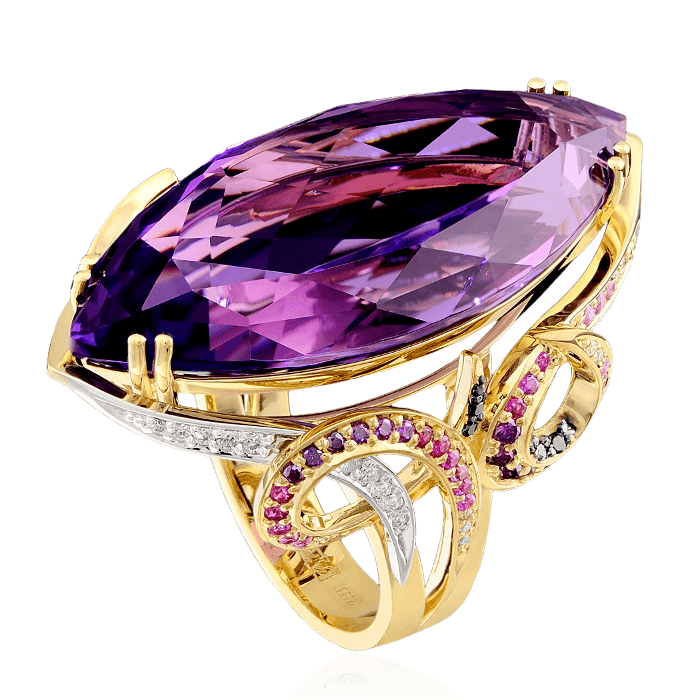 Кольцо с аметистом, бриллиантами, рубином, цветными сапфирами из желтого золота 750 пробы, фото № 1
