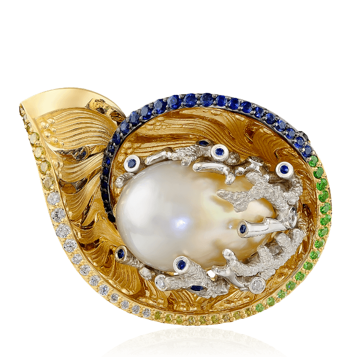 Кольцо с жемчугом, бриллиантами, сапфиром, демантоидом из комбинированного золота 750 пробы, фото № 2
