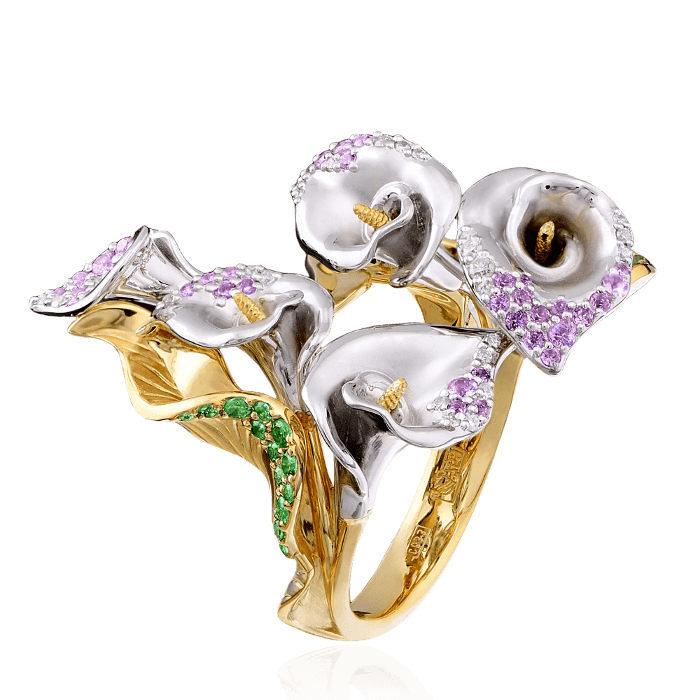 Кольцо с бриллиантами, тсаворитом, цветными сапфирами из комбинированного золота 750 пробы, фото № 1