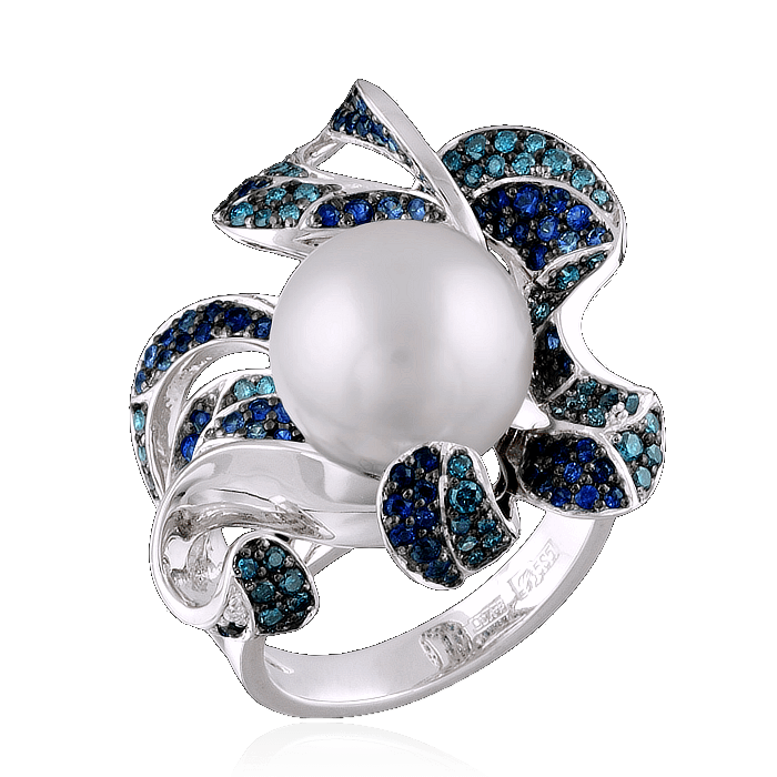 Кольцо с белым морским жемчугом, сапфирами и бриллиантами из белого золота 585 пробы, фото № 1