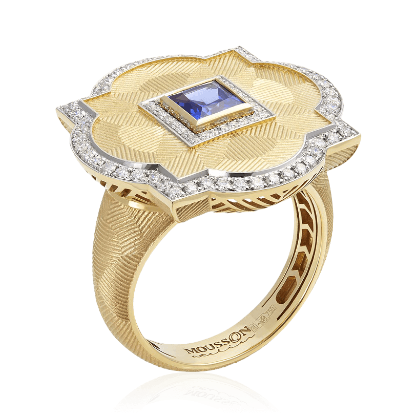 Кольцо с сапфиром, бриллиантами из желтого золота 750 пробы (арт. 90606)