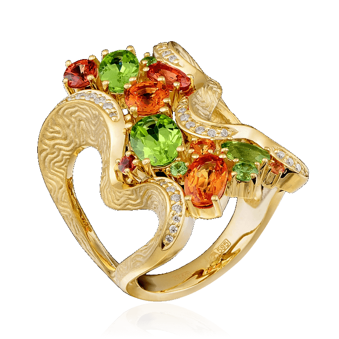 Кольцо с цветными камнями и бриллиантами в желтом золоте 585 пробы, фото № 1