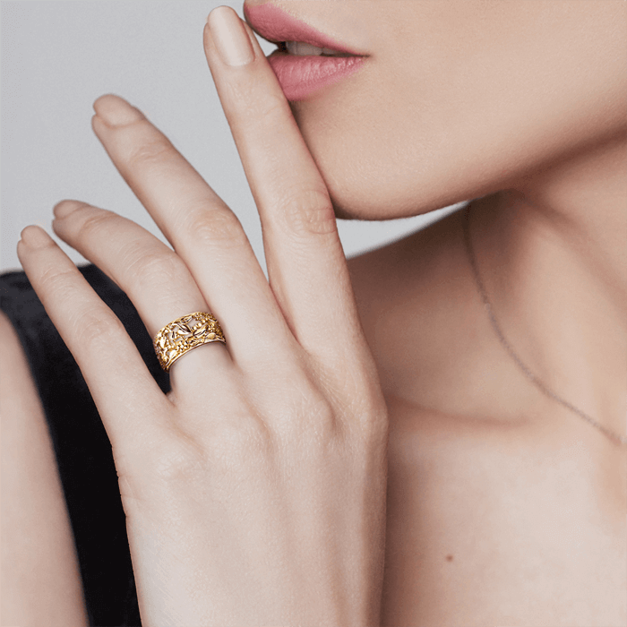 Широкое ажурное кольцо Flora без вставок из желтого золота 585 пробы, фото № 2