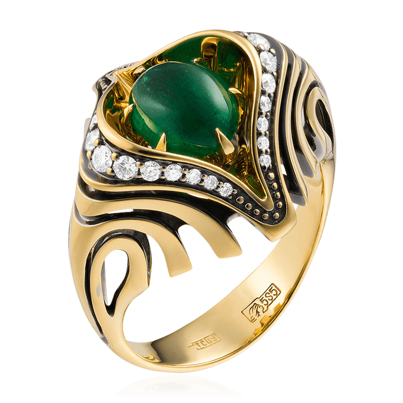 Кольцо с изумрудами, бриллиантами из комбинированного золота 585 пробы, фото № 1