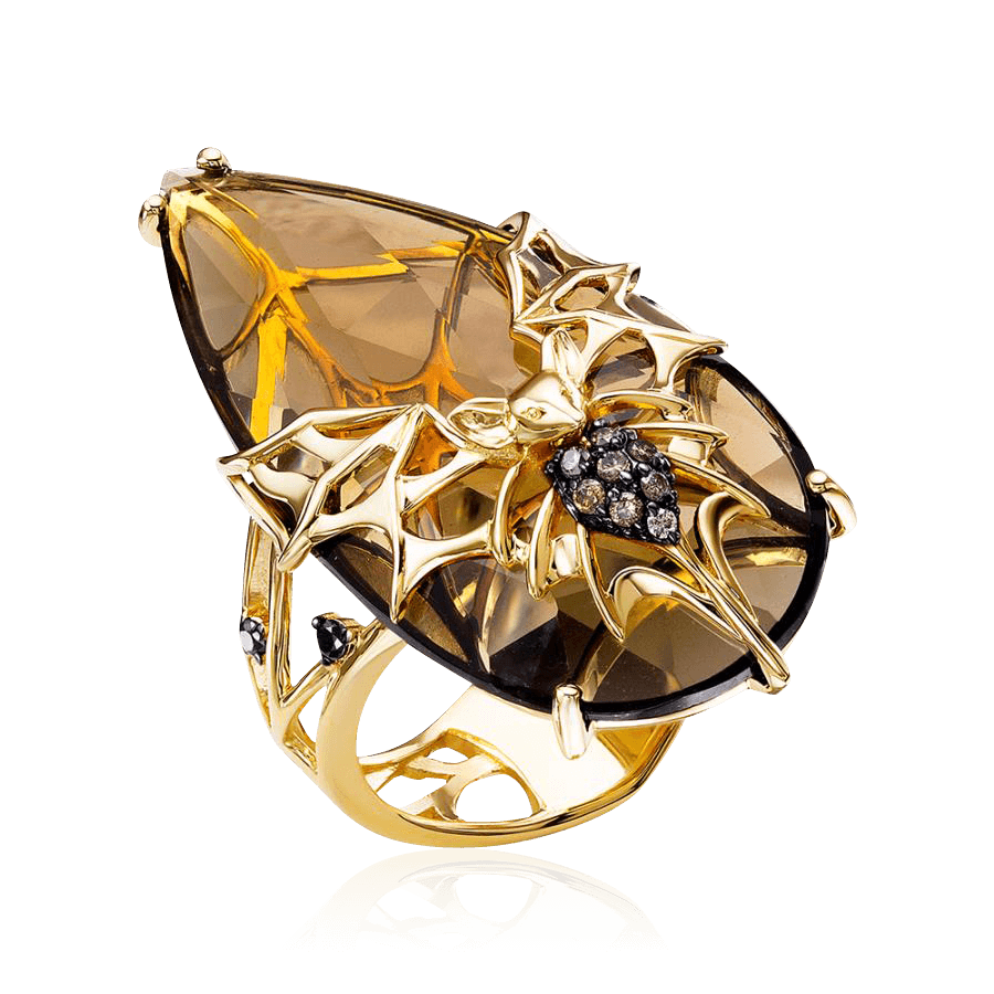 Кольцо Летучая мышь с бриллиантами, кварцем из красного золота 585 пробы, фото № 1