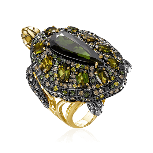 Кольцо Черепаха с турмалином, бриллиантами из комбинированного золота 585 пробы (арт. 68262)