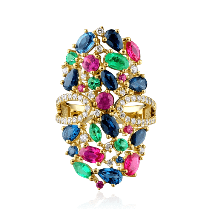 Кольцо с рубинами, сапфирами, изумрудами и бриллиантами в желтом золоте 750 пробы, фото № 2