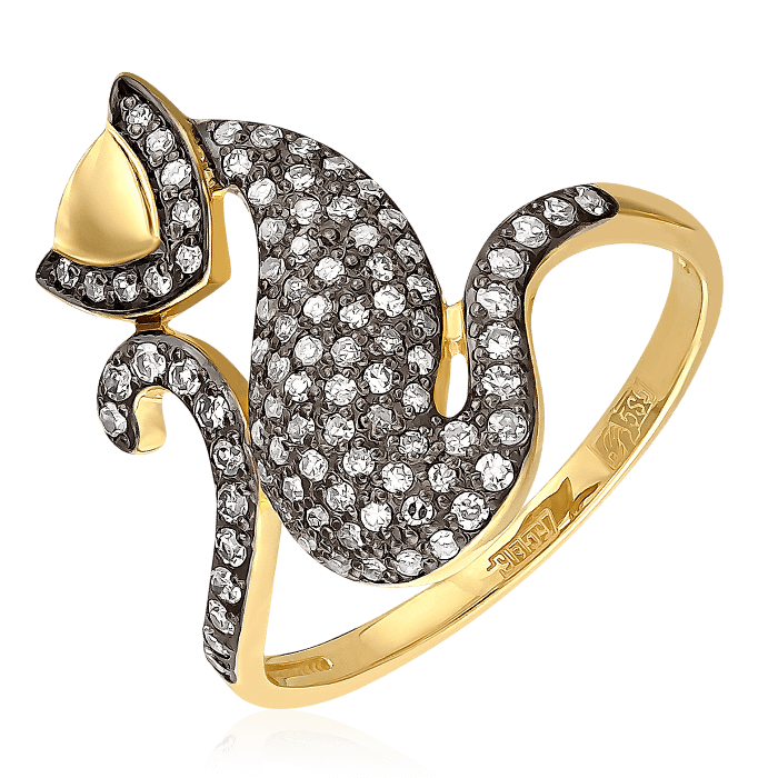 Кольцо в форме элегантной золотой кошечки, инкрустированной россыпью бриллиантов в желтом золоте 585, фото № 1