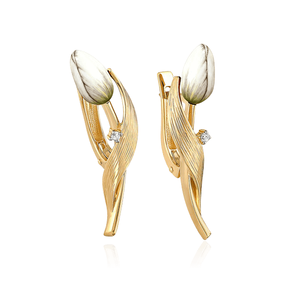 Серьги Тюльпаны с бриллиантами, финифтью из желтого золота 585 пробы, фото № 1
