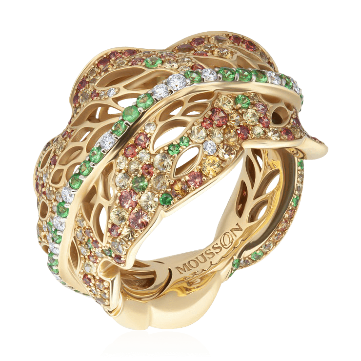 Кольцо с сапфиром, тсаворитом, бриллиантами из желтого золота 750 пробы, фото № 1
