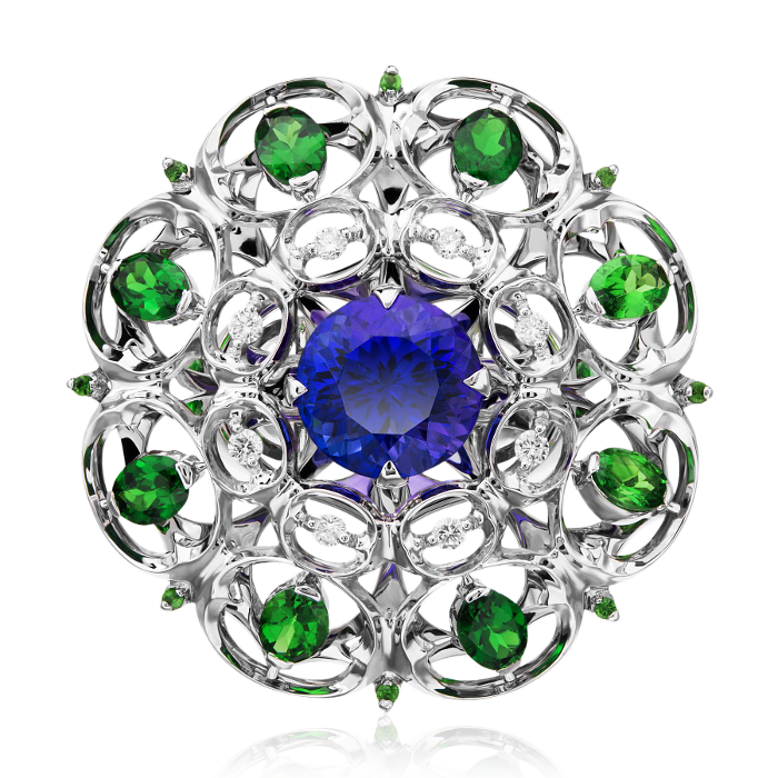 Кольцо с танзанитом, бриллиантами, тсаворитом из белого золота 750 пробы, фото № 3
