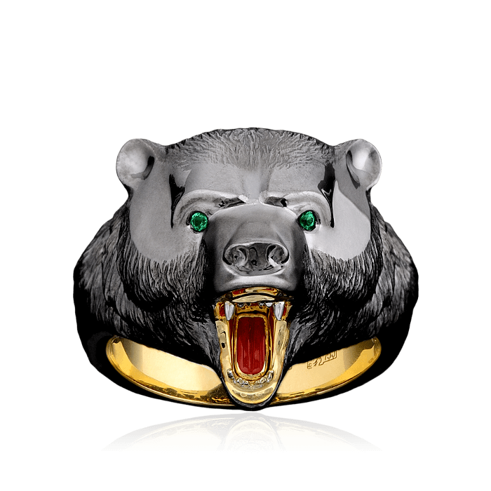 Мужское кольцо Медведь с изумрудами и эмалью в черненом и желтом золоте 750 пробы, фото № 3