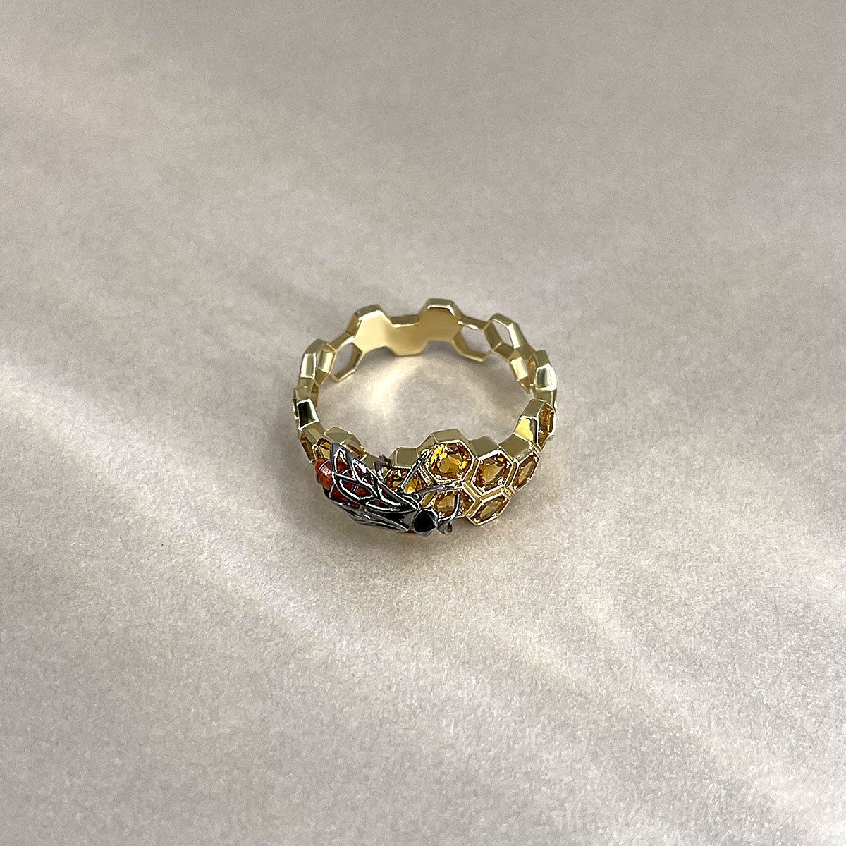 Кольцо Пчела с цитринами из комбинированного золота 585 пробы, фото № 3