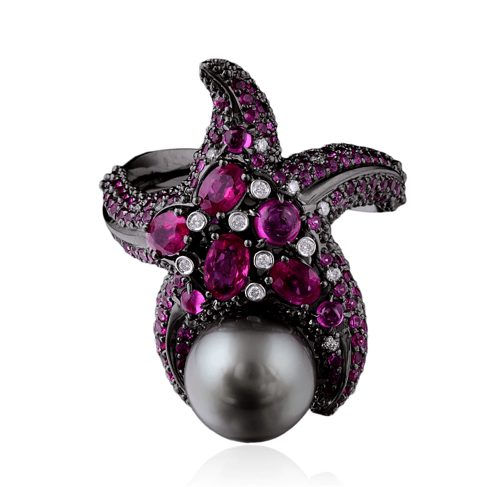 Кольцо Морская звезда с морской жемчужиной, рубинами, розовыми сапфирами и черными бриллиантами в черненом золоте 750 пробы, фото № 1