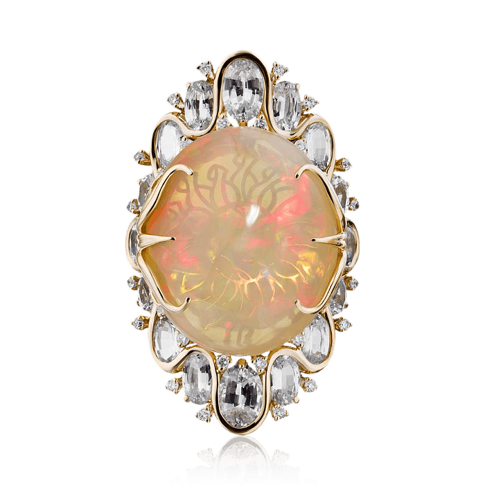 Кольцо с опалом, бриллиантами, цветными сапфирами из желтого золота 750 пробы, фото № 2