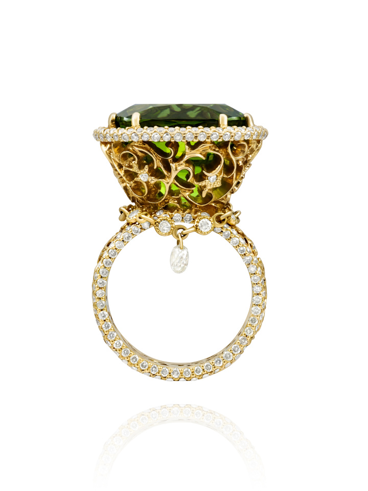 Кольцо с хризолитом, бриллиантами из желтого золота 750 пробы, фото № 2
