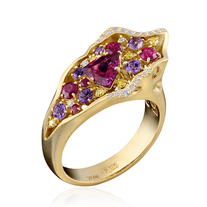 Кольцо с турмалином, бриллиантами, аметистом, рубином из желтого золота 585 пробы, фото № 1