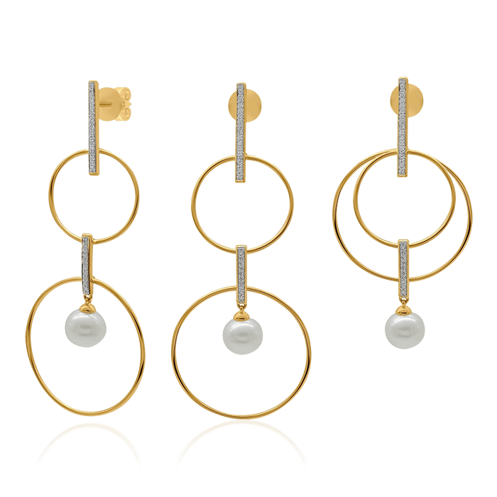 Серьги-трансформеры с бриллиантами, жемчугом из желтого золота 585 пробы, фото № 1