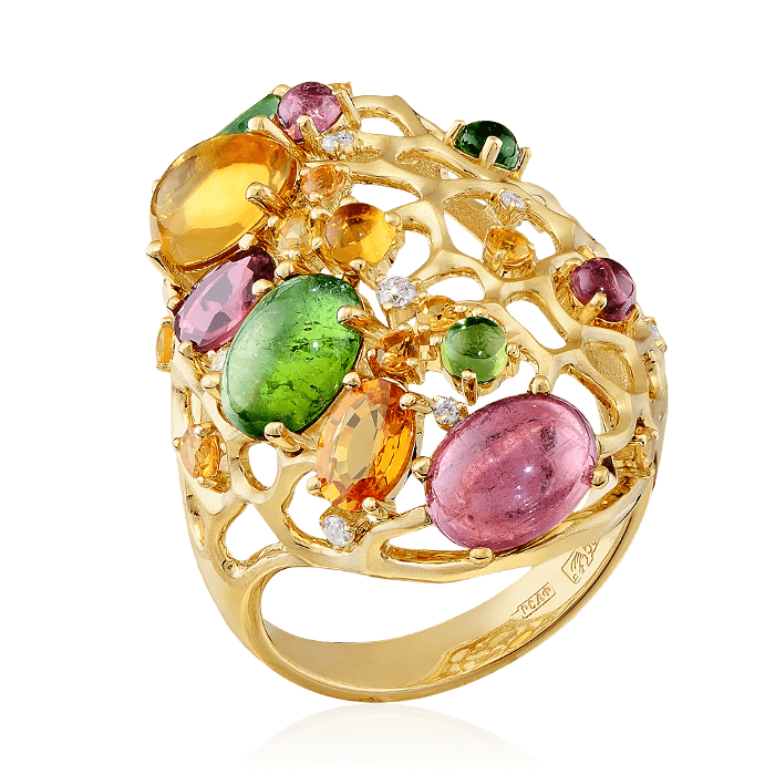 Кольцо с бриллиантами, цитрином, турмалином, сапфиром фантазийным из желтого золота 585 пробы, фото № 1